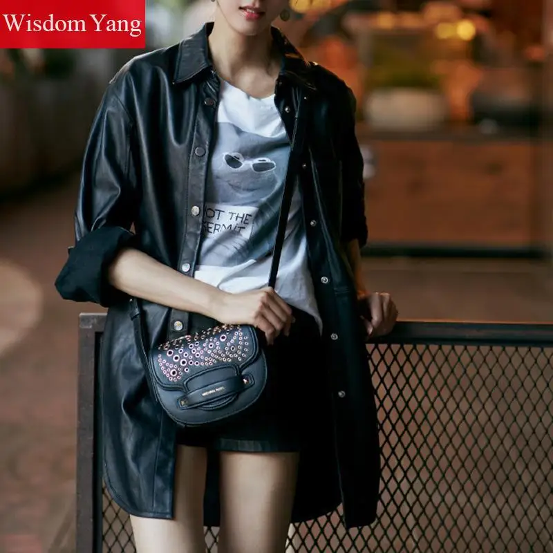 Autumn Black Sheepskin Genuine Leather Shirts Jackets Womens Loose Overcoat Bomber Long Jacket Coats Office Ladies Outerwear