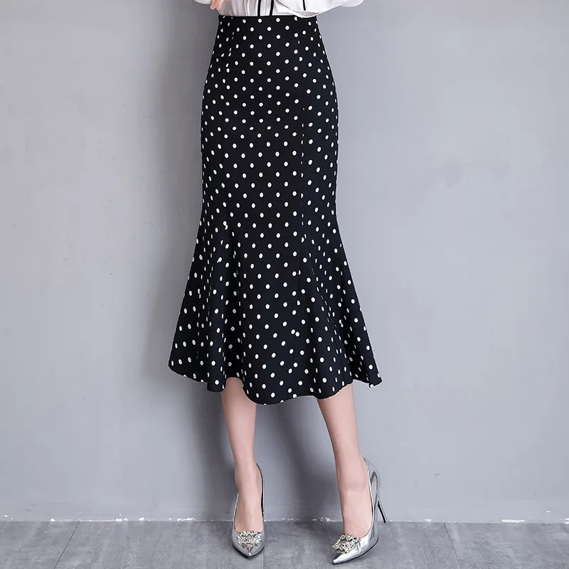 2019 High Waist Polka Dot Print Women Skirts FemininoThree Quarter Elegant Streetwear Femme Chiffon Long Skirt womens Clothing | Женская