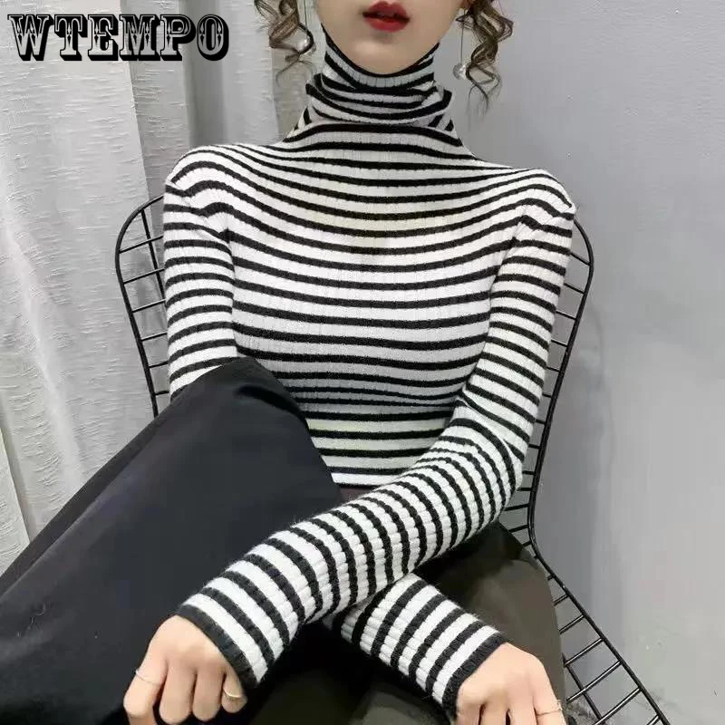 

Striped Sweaters Pullover Long-sleeved Women's Turtleneckknitted Slim-fit Color Matching Pile Collar New Fashion