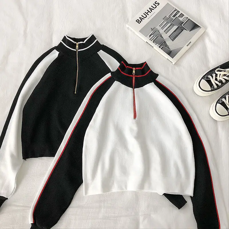 

Sweater Autumn Womens Vertical Collar And Half Zipper Long Sleeve Knitting Sweaters Pullovers Tops Girls Knit Sportswear