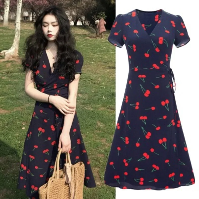 

Женское винтажное шифоновое платье-миди с коротким рукавом и V-образным вырезом