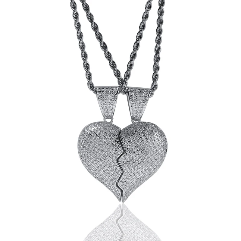 Silver - Silver Красочные драгоценные камни кулон ожерелье для хип-хоп мужчин медь разбитое сердце льдом цепи женщин хрустальные подвески поп драгоценные камни трендовые ювелирные изделия - Окраска металла: Silver - Silver