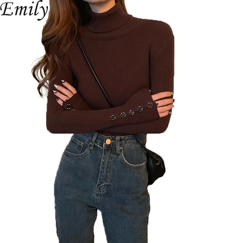 Casual Turtleneck Sweater Women Streetwear Fashion Knitted Button 2019 Autumn Winter Khaki Pullovers Tops | Женская одежда