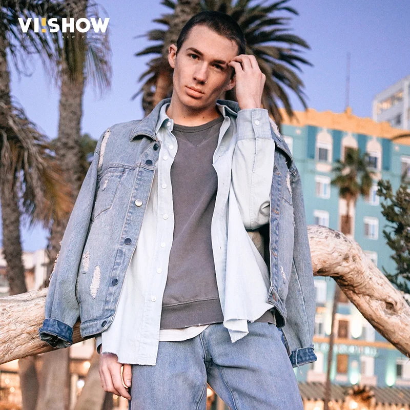VIISHOW джинсовая куртка Мужская брендовая одежда однобортная на молнии с рукавом
