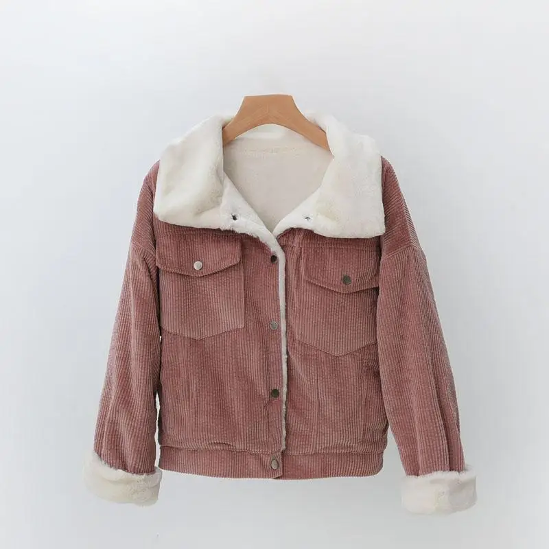 

ZCWXM Thick Loose Corduroy Jacket Women New Winter Lambswool Jackets And Coat Ladies Cute Outerwear Warm Parka Female