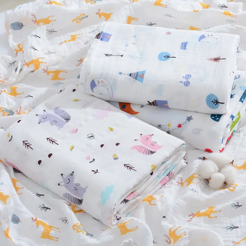 

Double Gauze Baby Soft Newborn Blankets Cartoon Printing Cotton Bath Infant Wrap Sleepsack Stroller Cover Kids Play Mat Swaddles