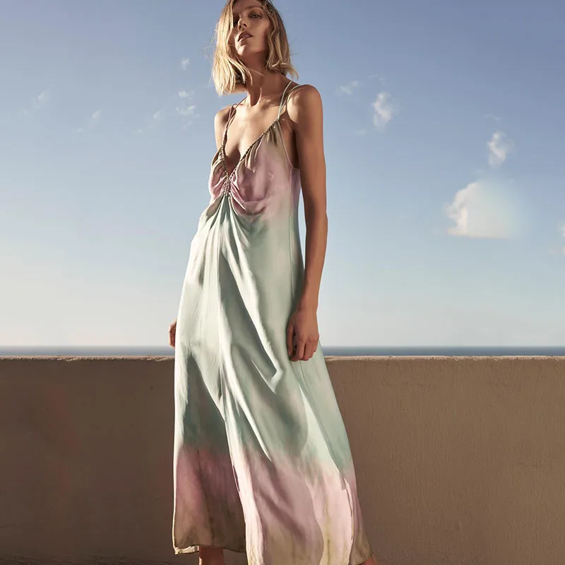 

Boho Blue Tie Dye V-Neck Midi Dress Adjustable Straps Satin Dress Slit Front Holiday Summer Dress Sexy Women Dress
