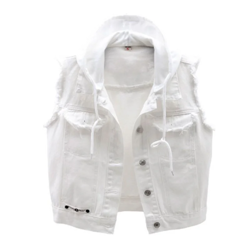 Женская джинсовая куртка с капюшоном черно-белая короткая безрукавка без