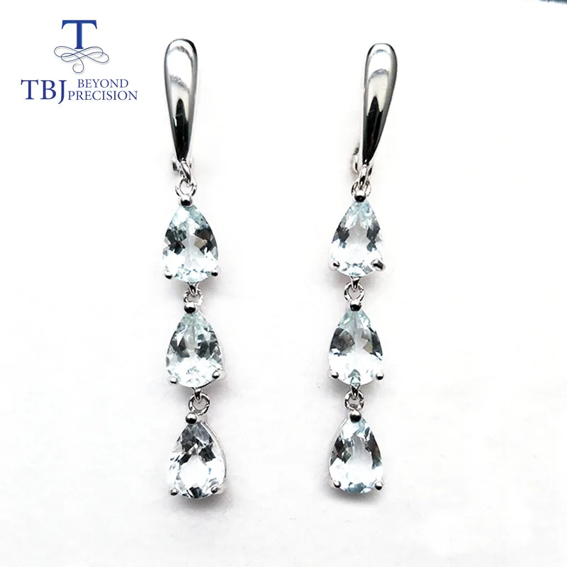 Женские серьги с аквамарином TBJ Длинные украшения драгоценными камнями в