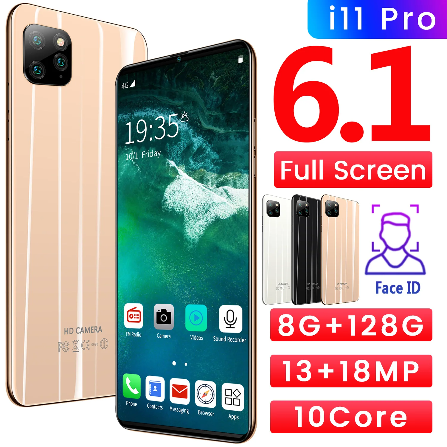 

i11 Pro 6.1Inch 8+128GB 16+18MP 4000mAh Dual SIM Deca Core Andriod MTK6595 Mobile Phones Face Recognition Unlock Smartphones