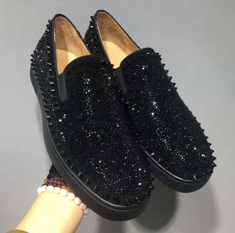 

Luxury Designer Low Top Mens Leather Loafers Black Diamond Ring Rivet Casual Fashion Red Bottom Chunky Sneakers Flat Skate Shoes