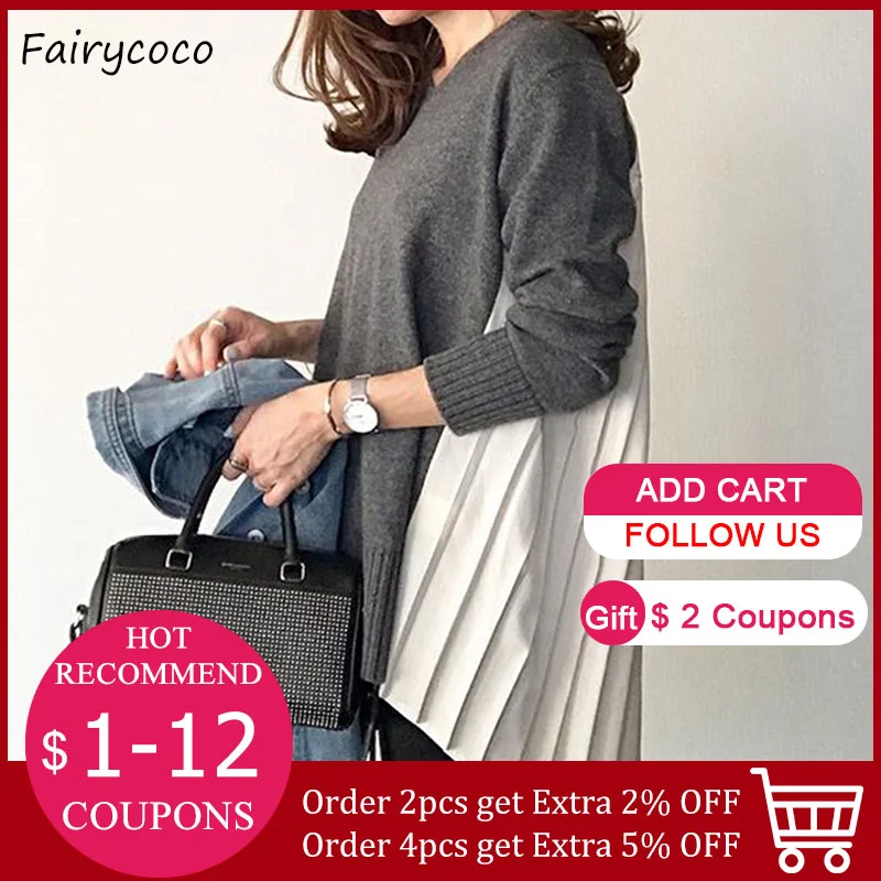 

Asymmetric Pleated Women Sweater Tops Korean Japan Casual Patchwork Pullover Knitted Jumpers Elegant Office Lady New Sweater