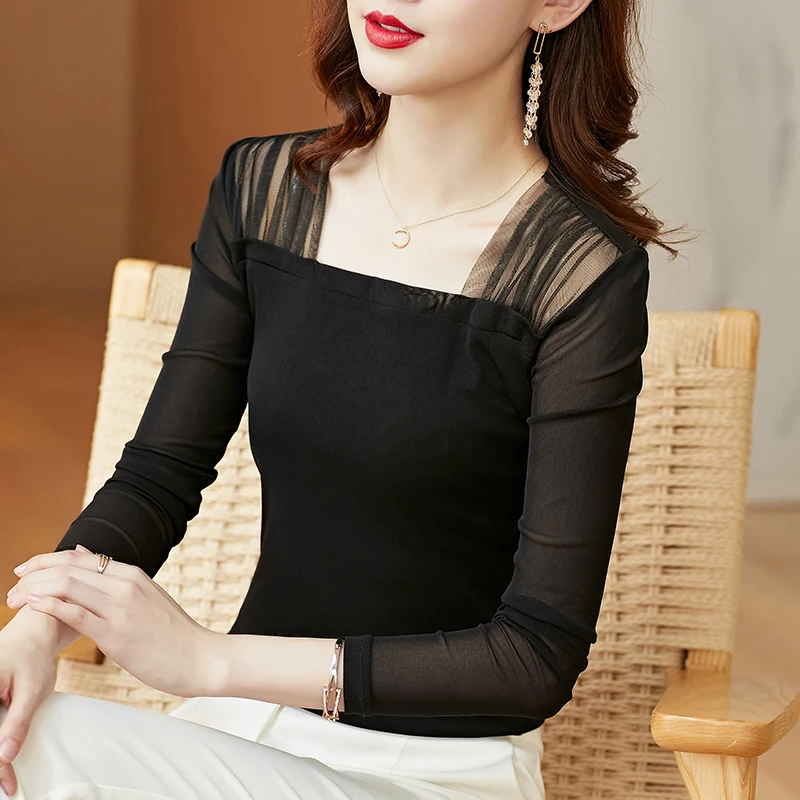 

Блузка Женская Осенняя офисная с длинным рукавом и квадратным вырезом