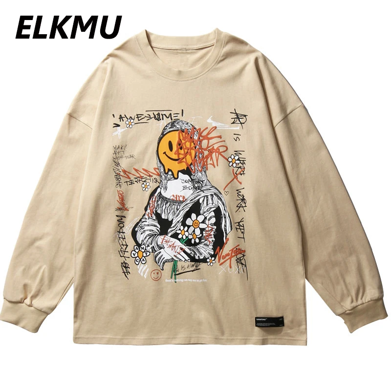 Футболка ELKMU с длинным рукавом смешное граффити принтом ромашки лицо Моны Лизы