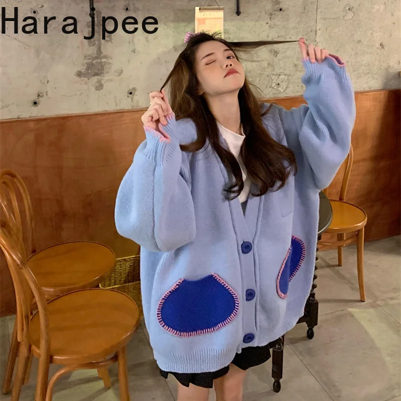 

Harajpee Sweater Cardigan Color Contrast Big Pockets Button Single Breasted V-neck Sweet 2021 Autumn Winter New Knitted Korean