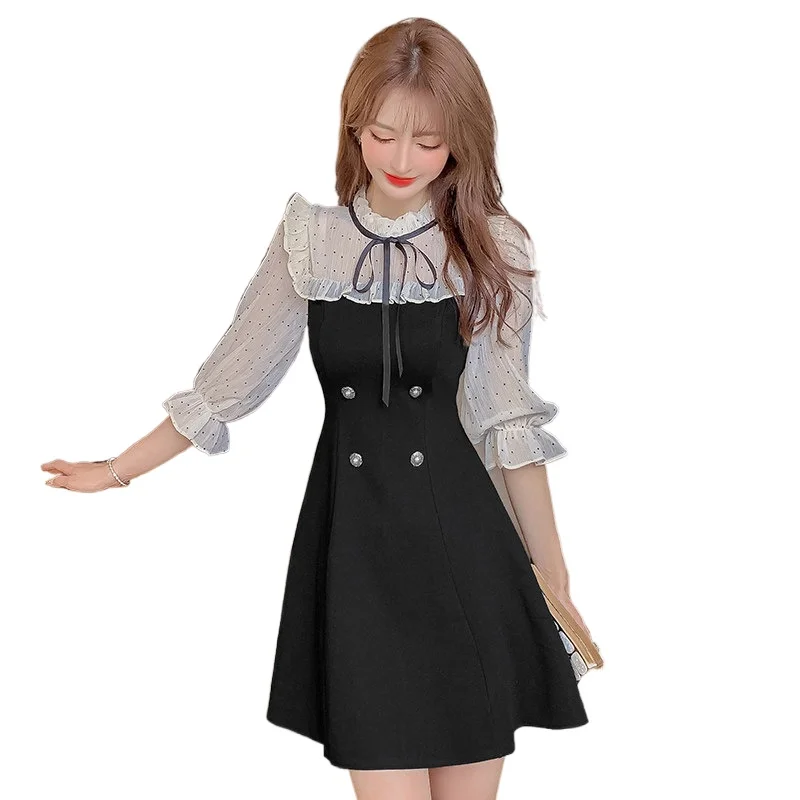 

COIGARSAM Cute Polka Dot Women one-piece dress korean New Summer Spring Chiffon High Waist Dresses Black 825