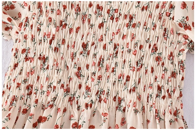 

Boho Women Summer Dress Korean Short Sleeve A Line Slim Mid Calf Dresses Retro Floral Print Ruffles Dress Party Vestidos Mujer