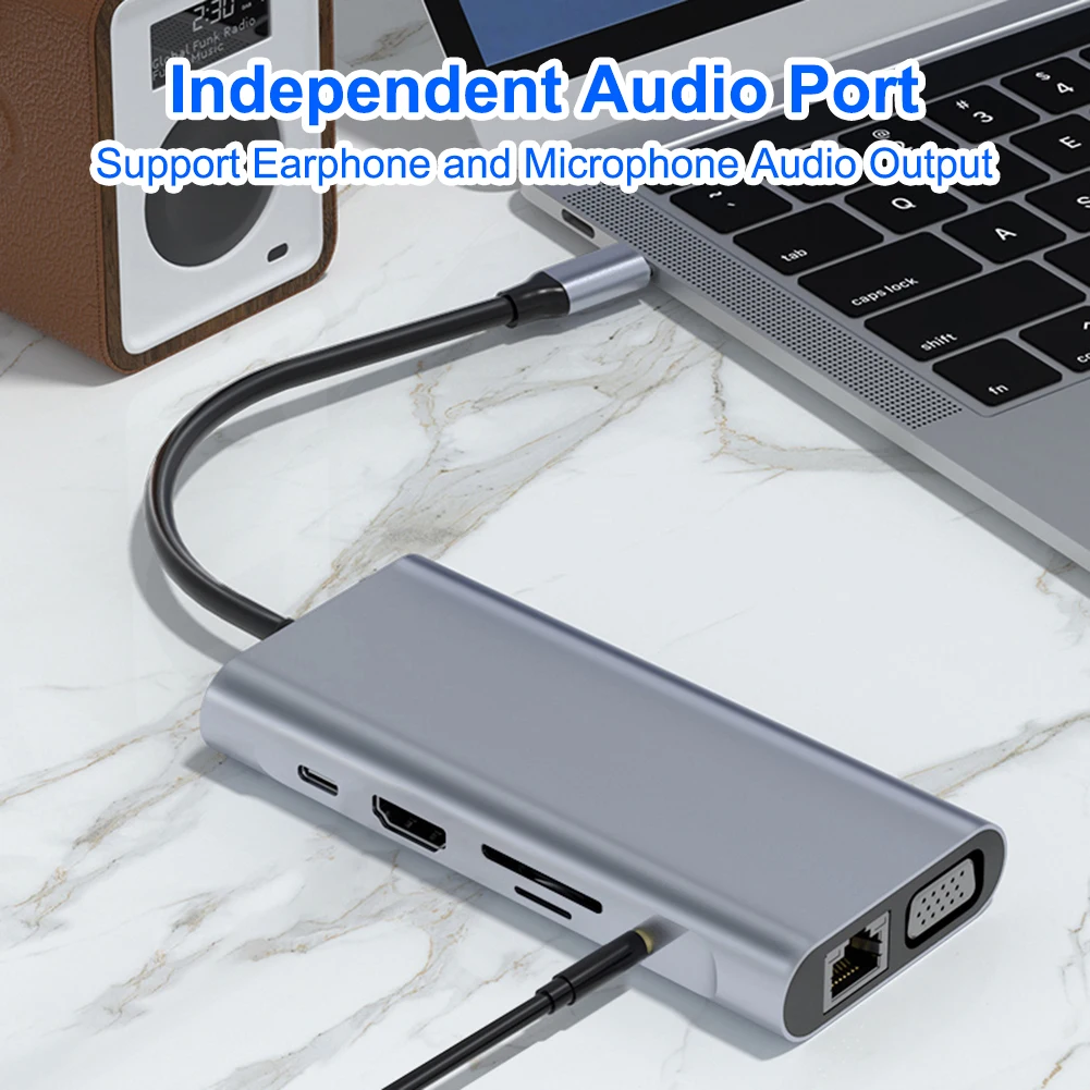 

USB C Hub 11 in 1 Aluminum Multiport Adapter USB 3.1 Type C to USB 3.0 2.0 4K HDMI-Compatible VGA PD RJ45 3.5mm Jack TF Card