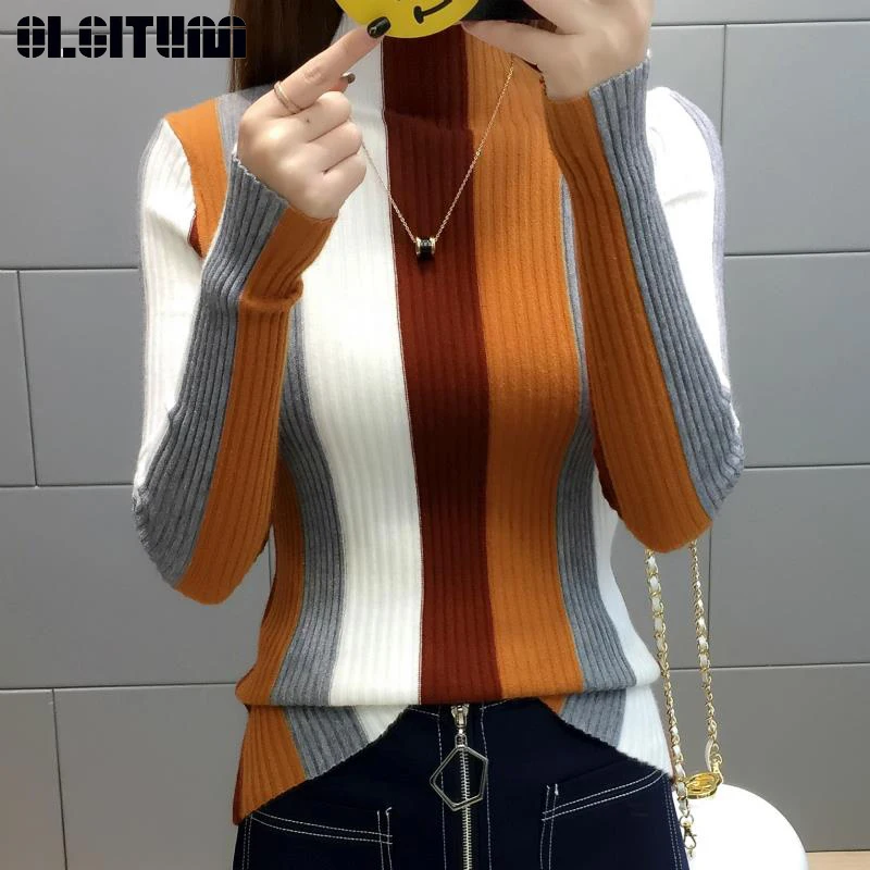 

Rainbow Stripe Sweater Knitted Pullover 2020 Turtleneck Long Sleeve Slim Bodycon Ptchwork Knitwear Women Jumper Tops