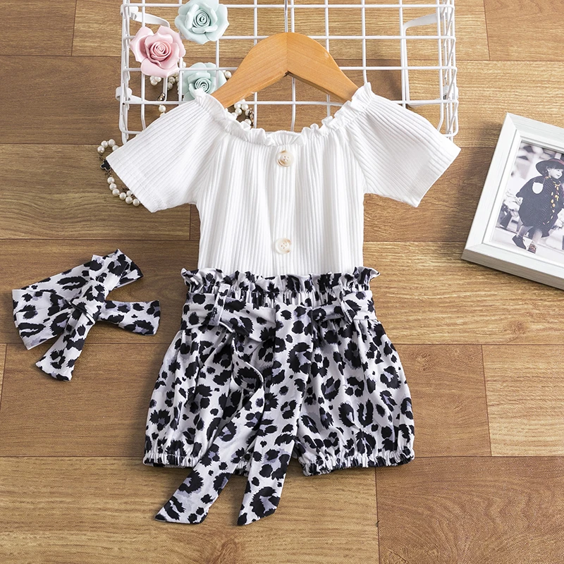 

9 months to 4 years Old одежда для маленьких девочек топы с короткими рукавами для девочек + шорты с леопардовым принтом + повязка на голову, комплект о...