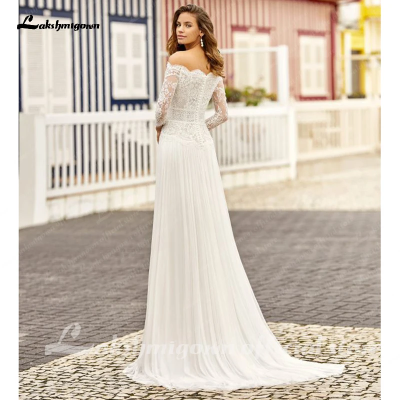 

Charming Beach Lace Wedding Dresses A-line 2021Chiffon Pleats long Sleeves Wedding Party gowns