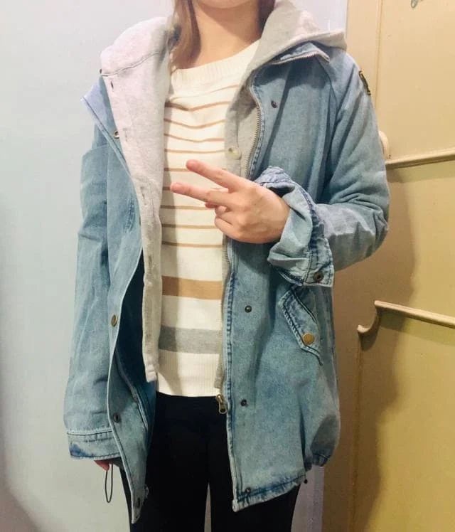 ZAFUL джинсовая куртка на пуговицах с капюшоном, 2 предмета, 3XL, женская джинсовая куртка размера плюс, Осеннее Женское пальто, модная уличная одежда, Veste Femme