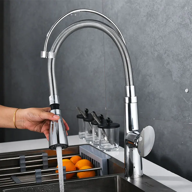 Chrome Spring Kitchen Faucet Pull out Side Sprayer Dual Spout Tap Deck Mounted Mixer Cold Hot Water Mixertap | Обустройство дома