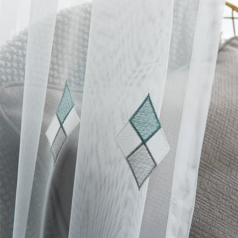

Embroidered White Tulle Nordic Curtains for Living Room Korean Pastoral Princes Geometric Diamond Lattice Curtain Bedroom Custom