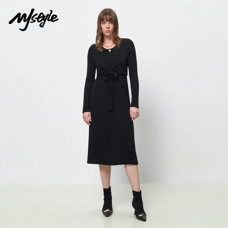 

Mjstyle зимнее женское облегающее Элегантное Длинное Черное вязаное платье с длинным рукавом и имитацией двух частей во французском стиле ...