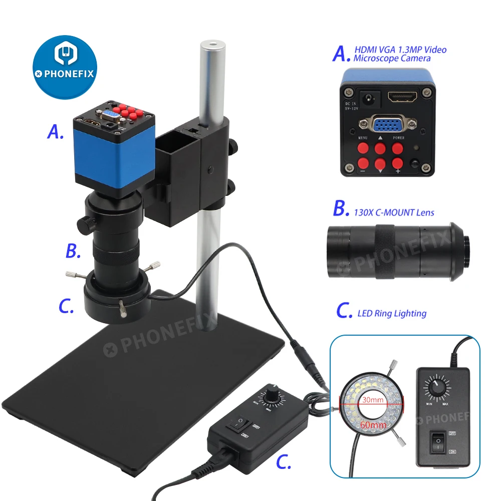 

13MP 1080P 60F/S HDMI VGA Video Microscope Camera Digital Microscopio Set 130X Zoom C Mount Lens LED Light Lamp For Phone Repair