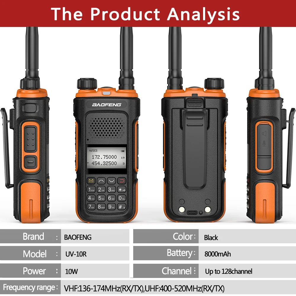 Рация Baofeng Двухдиапазонная UV-10R 136-174 и 400-520 МГц 10 Вт дальность разговора км UV-5R CE FCC