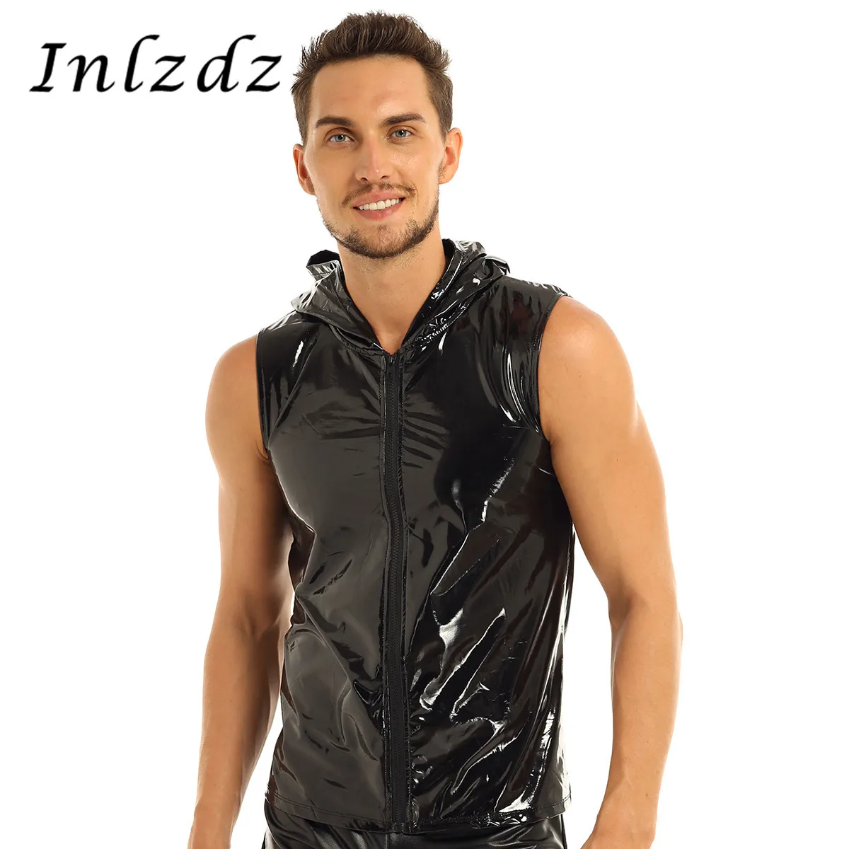 Black Mens T-Shirt Wet Look Patent Leather Nightclub Streetwear Sleeveless Hoodie Clubwear Hip Hop with Zipper Closure | Мужская одежда