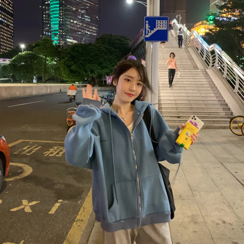 

zip-up Women Korean Style hoodies Vintage Solid Color Long Sleeve Oversized Hooded Sweatshirt Lady Women Casual Large Coats