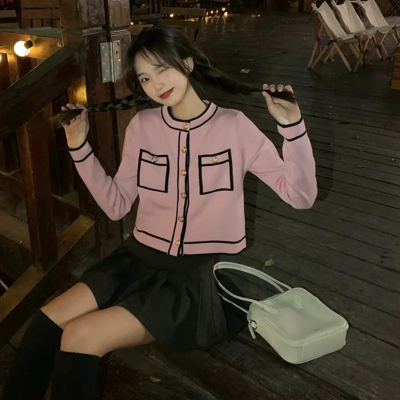 

Summer Women's Sweet Age-Reducing round Neck Contrast Color Fake Pocket Long Sleeve Sweater BM Style Top Short Cardigan Coat