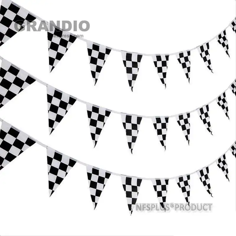 

38PCS Tri-angle Checkered Flag F1 Racing Auto Sport 14x21cm Polyester Chequered Printed 10M Decorative Hanging Flags and Banners