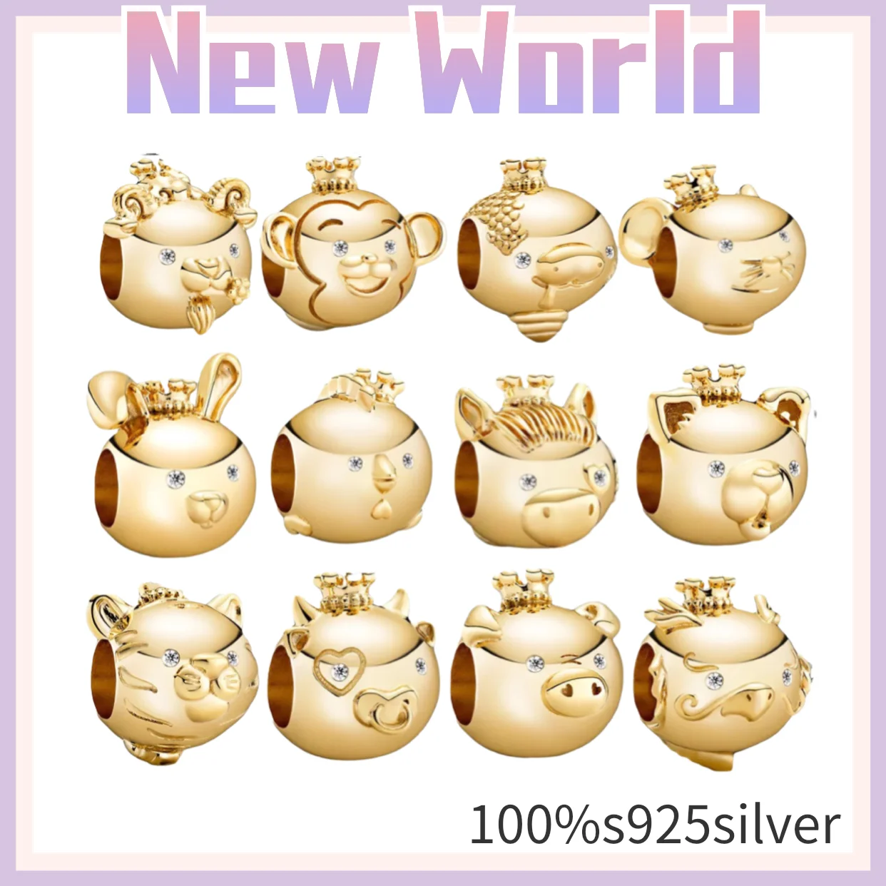 

2020 New Shinny Gold Color Chinese Zodiac Signs Charms Beads 100% Sterling 925 Silver Cute Zodiac Animal Beads for Birthday Gift