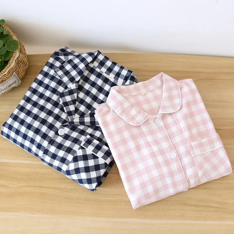 

Двухслойный бархатный клетчатый пижамный комплект для пар с длинным рукавом из хлопка с лацканами повседневный комплект из 2 предметов дом...