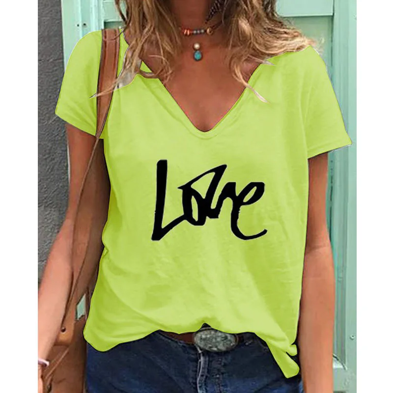 

Women's Summer Letter Printing Blouse Casual Loose V-neck Short Sleeve T-shirt