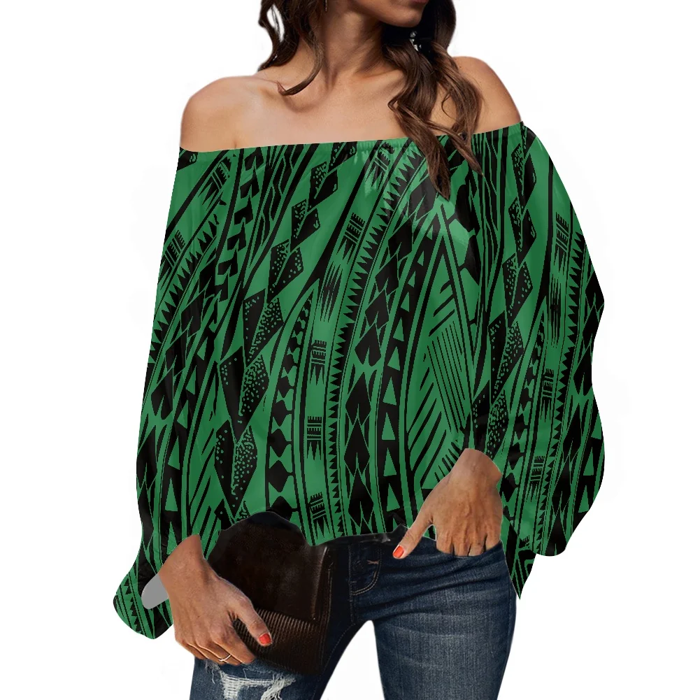 

HYCOOL Green Tribal Print Blouses Or Tops For Woman Custom Logo Samoan Off The Shoulder Top Casual Plus Size Puff Sleeve Blouse
