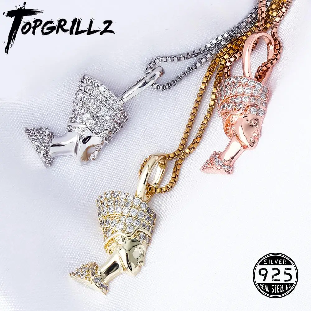 TOPGRILLZ 925 Sterling Silver Egyptian Pharaoh Pendant Iced Hip Hop Zircon Pendant Fashion Hip Hop Jewelry