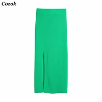 women green skirt women knitted high waist skirt slit hem ribbed elegant midi skirt vintage high elastic slim female skirts
