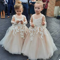 fashion a line flower girl dresses for wedding party gowns floor length lace tulle long sleeve tiered first communion dress