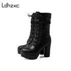 LDHZXC 2020 осень-зима короткие сапоги для женщин на высоком каблуке со шнуровкой и пряжкой женские сапоги до середины икры модные оборки
