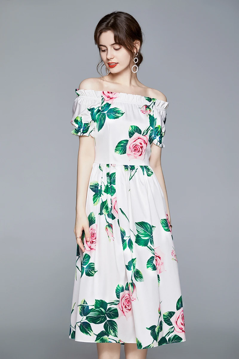 

summer fashion women Rose Printing Dress Women Sexy slash neck Short Sleeve Rose Printing Dress