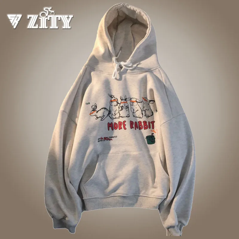 

Толстовка мужская с капюшоном, повседневный Свитшот оверсайз, худи в стиле Харадзюку, пуловер с принтом кролика в Корейском стиле, топы, ули...