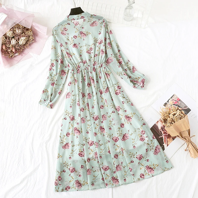 

2021 Autumn Women Dress For Female Long Sleeve Chiffon Shirt Dress A-line Midi Winter Dress Winter Bow Floral Vestidos Vintage