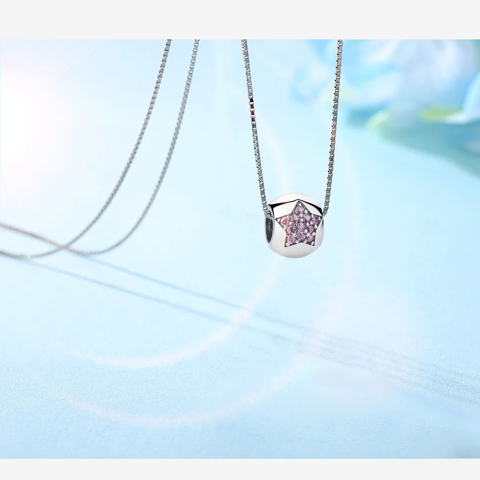 

Pink Crystal Zircon Star Round Charm Beads Authentic 925 Sterling Silver Fit Original Charm Bracelet Fine Jewelry