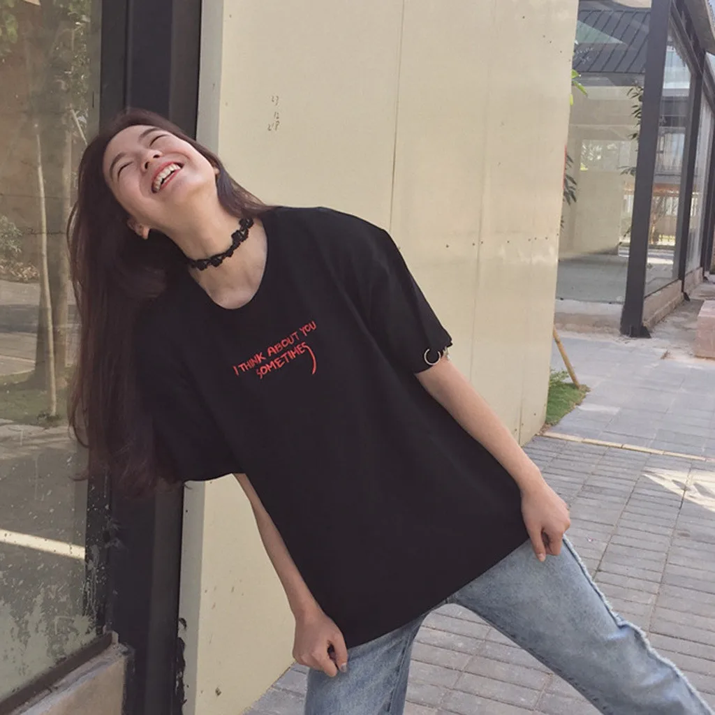 Летние топы, корейский Ulzzang Harajuku, вышивка, короткий рукав, женские повседневные рубашки, футболка,, новинка#0911