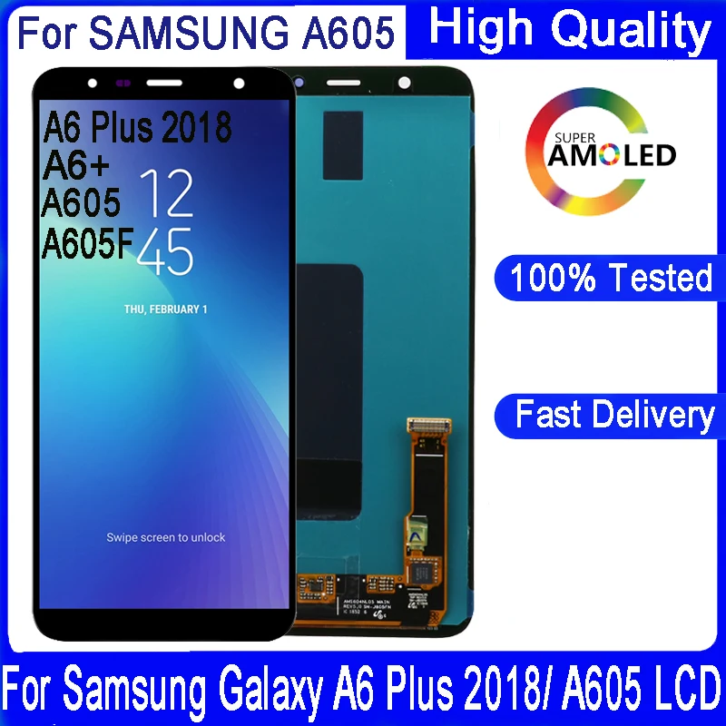 ЖК дисплей AMOLED 6 0 дюйма для Samsung Galaxy A6 Plus 2018 A605 A605F A605FN с сенсорным экраном в сборе