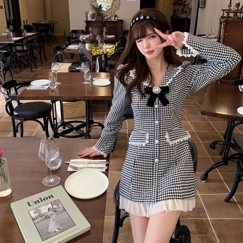 Зимнее милое ретро платье женское кружевное лоскутное клетчатое элегантное
